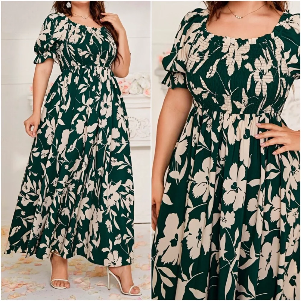 Plus Floral Print Tropical Puff Sleeve Maxi Dress - Picture 3 of 3